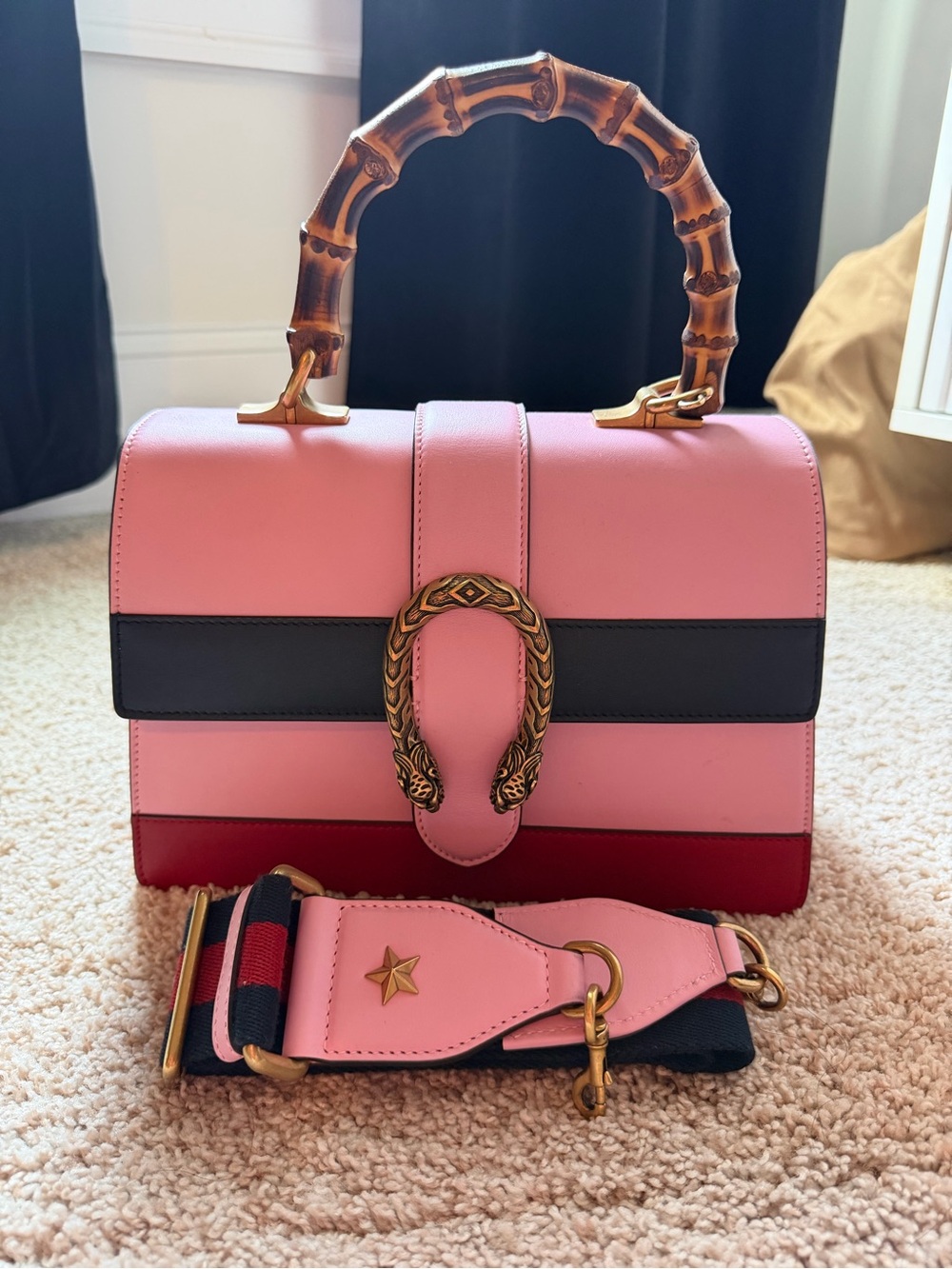 Gucci Pink, Black and Red Bamboo-Handle Satchel with Gold Hardware